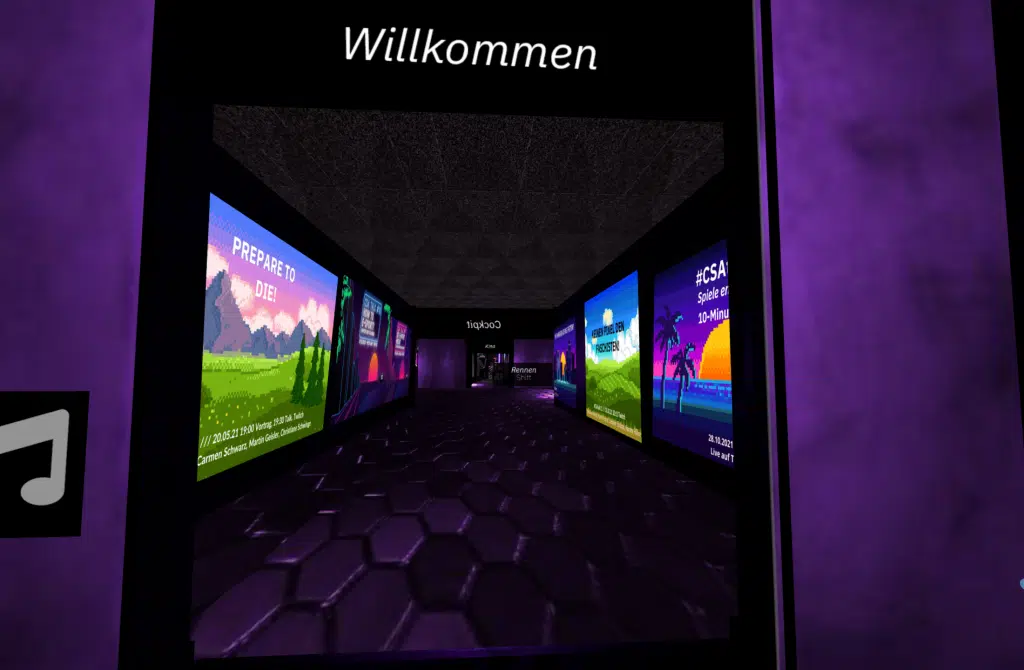 Ein in lila gehaltener virtueller Raum - der CSAhub - Schild: Willkommen