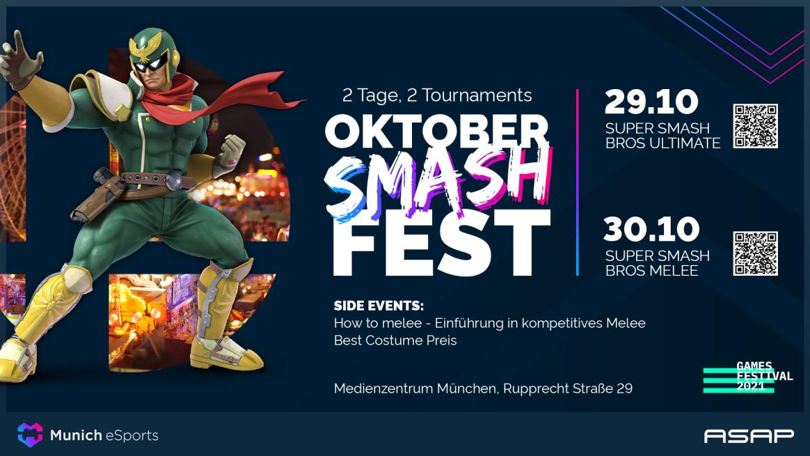 Oktober Smash Fest Flyer: An 2 Tagen finden 2 Tournaments statt. Am 29.10. Super Smash Bros Ultimate, am 30.10. Super Smash Bros Melee. Side Events: How to melee - Einführung in kompetitives Melee und Best Costume Preis. Standort im Medienzentrum München, Rupprech Straße 29