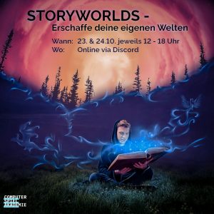 Flyer Storyworlds - Erschaffe deine eigenen Welten am 23. und 24.10. jeweils von 12 bis 18 Uhr, online via Discord. Der Hintergrund von dem Flyer ist ein junger Mann welcher auf einer Wiese sitzt und aus einem Buch vorliest. Überall ist blauer magischer Rauch.