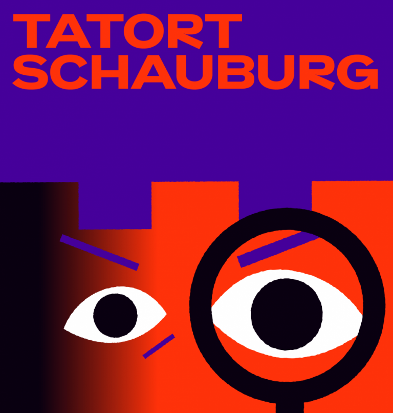 Tatort Schauburg, blau und rot, zwei gezeichnete Augen und eine Lupe die das rechte Auge größer erscheinen lässt