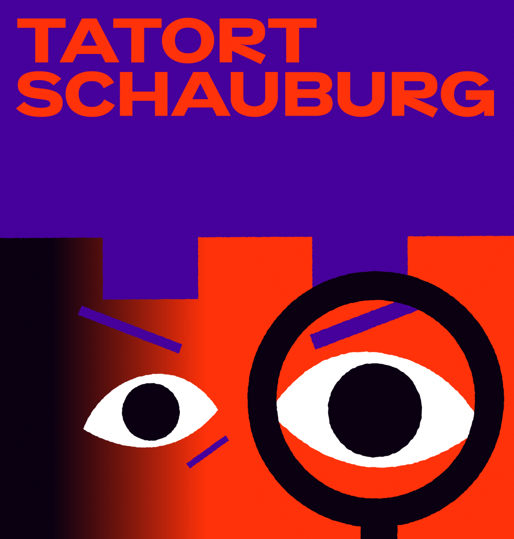 Tatort Schauburg, blau und rot, zwei gezeichnete Augen und eine Lupe die das rechte Auge größer erscheinen lässt