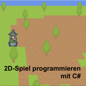 Screenshot eines selbstprogrammierten 2D-Spiels. Man sieht einen grünen, braunen und blauen Untergrund. Auf dem grünen und brauen Untergrund sind Bäume, in der Mitte steht eine kleine 2D-Pixel-Hexe, die in einem Hexenkessel rührt. In der linken oberen Ecke ist ein großer Kürbis, in der rechten unteren Ecke steht die Schrift: "2D-Spiel programmieren mt C#"