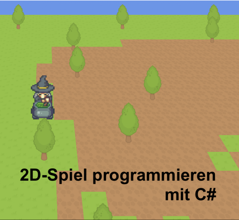 Screenshot eines selbstprogrammierten 2D-Spiels. Man sieht einen grünen, braunen und blauen Untergrund. Auf dem grünen und brauen Untergrund sind Bäume, in der Mitte steht eine kleine 2D-Pixel-Hexe, die in einem Hexenkessel rührt. In der linken oberen Ecke ist ein großer Kürbis, in der rechten unteren Ecke steht die Schrift: "2D-Spiel programmieren mt C#"
