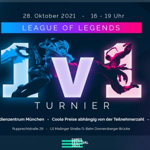 Flyer League od Legends 1 VS 1 Turnier am 28. Oktober 2021 von 16 bis 19 Uhr. Es findet offline im Medienzentrum München statt, Rupprechtstraße 29, U1 Mailinger Straße bzw. S-Bahn Donnersberger Brücke. Es gibt coole Preise abhängig von der Teilnehmerzahl, ein 3G Nachweis ist Pflicht.