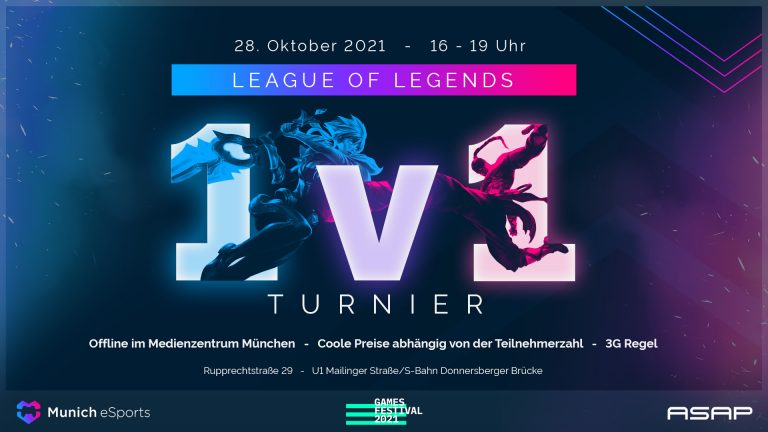 Flyer League od Legends 1 VS 1 Turnier am 28. Oktober 2021 von 16 bis 19 Uhr. Es findet offline im Medienzentrum München statt, Rupprechtstraße 29, U1 Mailinger Straße bzw. S-Bahn Donnersberger Brücke. Es gibt coole Preise abhängig von der Teilnehmerzahl, ein 3G Nachweis ist Pflicht.