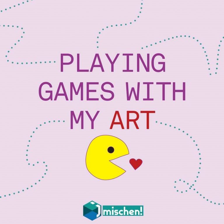 LOGO Playing Games with my Art, darunter ein gezeichneter Pacman, welcher ein Herz futtern möchte